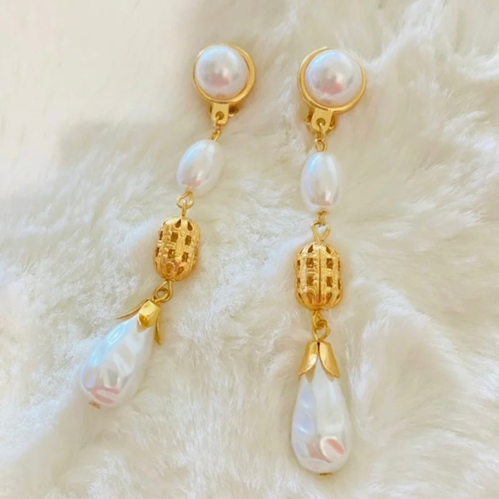 14K Gold Plated Simulated Pearl Bead Stud Dangle Earrings